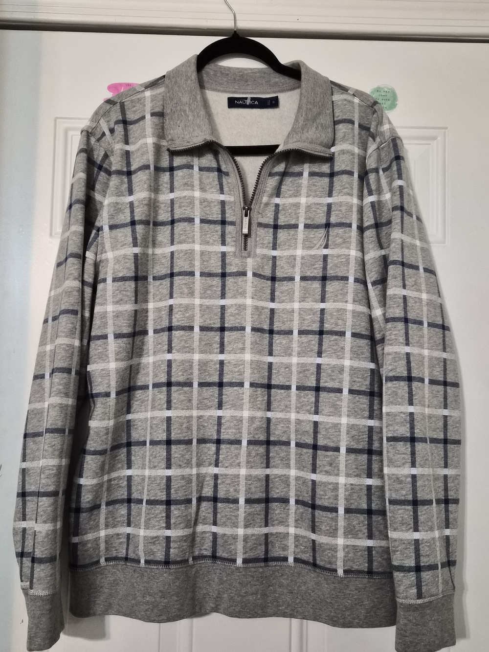 Nautica Men’s Gray Plaid Zip-Up Sweater with Navy & White Windowpane